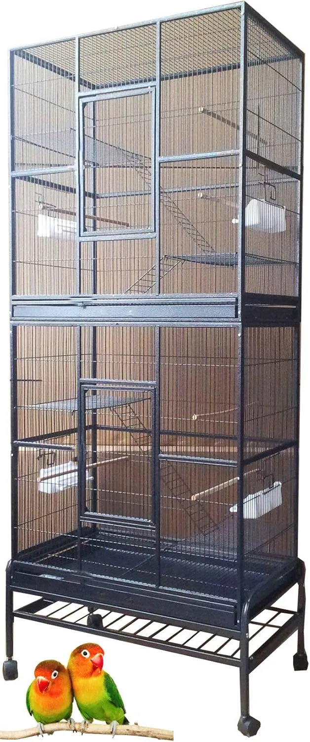 74" Large Double Separate Stackable Wrought Iron Breeding Bird Flight Parrot Cockatiel Conure Breeder Cages Side Nesting Doors Double Feeder Cups Easy Clean Grate & Tray with Detechable Rolling Stand