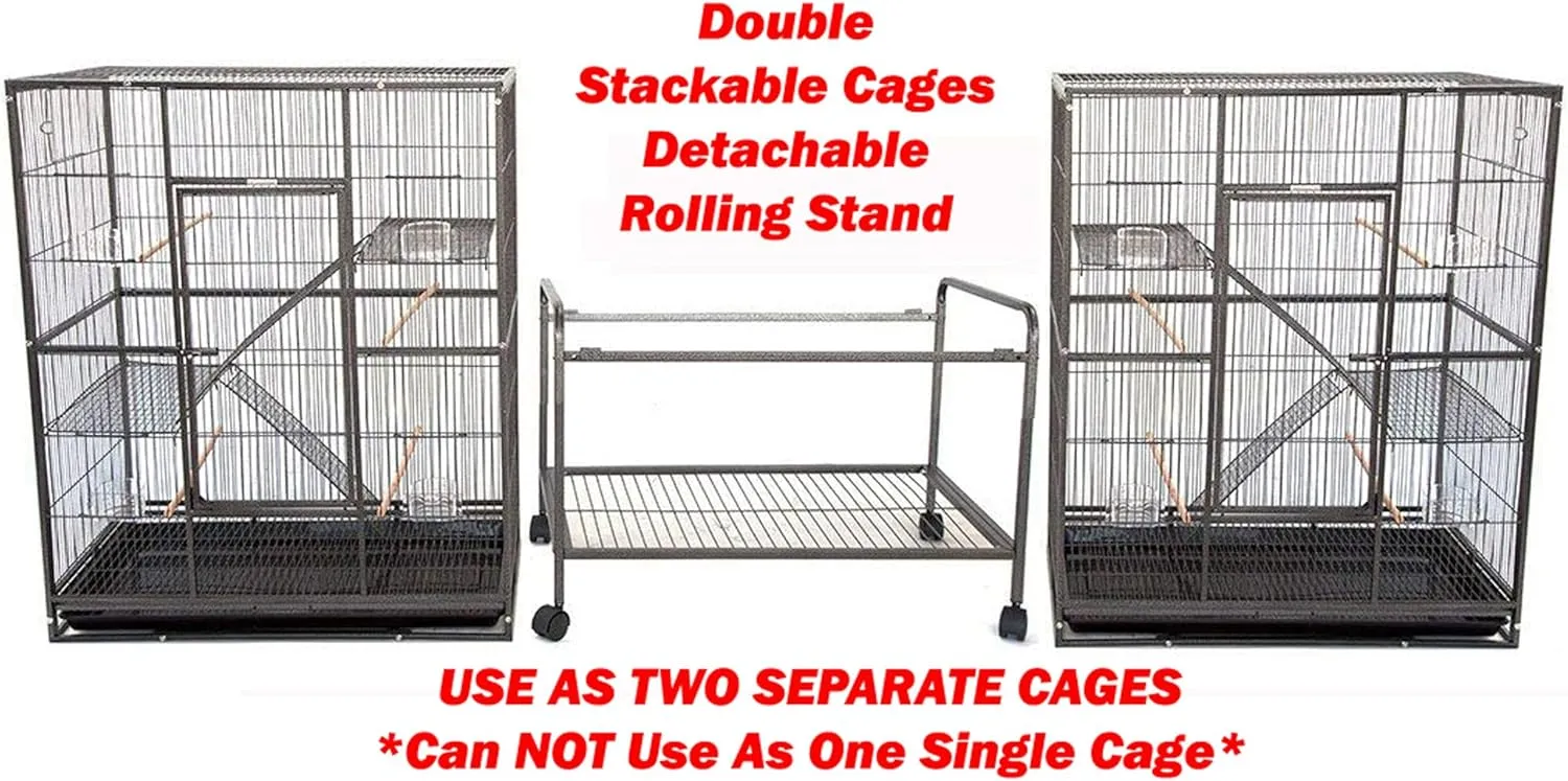 74" Large Double Separate Stackable Wrought Iron Breeding Bird Flight Parrot Cockatiel Conure Breeder Cages Side Nesting Doors Double Feeder Cups Easy Clean Grate & Tray with Detechable Rolling Stand