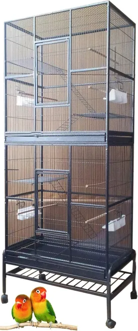 74" Large Double Separate Stackable Wrought Iron Breeding Bird Flight Parrot Cockatiel Conure Breeder Cages Side Nesting Doors Double Feeder Cups Easy Clean Grate & Tray with Detechable Rolling Stand