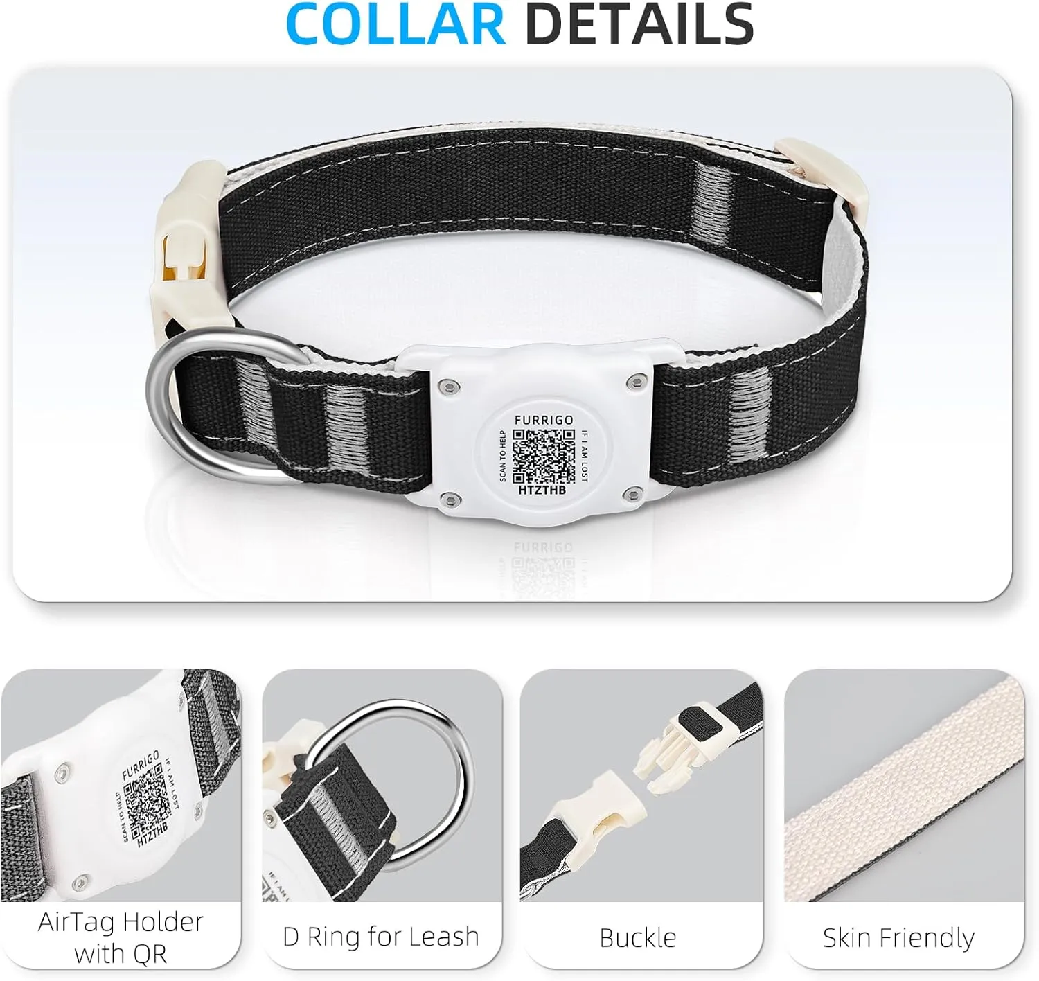 Airtag Dog Collar QR Code - IP68 Waterproof Integrated Air Tag Dog Collar Holder ID Tag - Free Pet Online Profile - Durable Natural Cotton Hemp - Fits for Small Medium Large Dogs (Black, L)