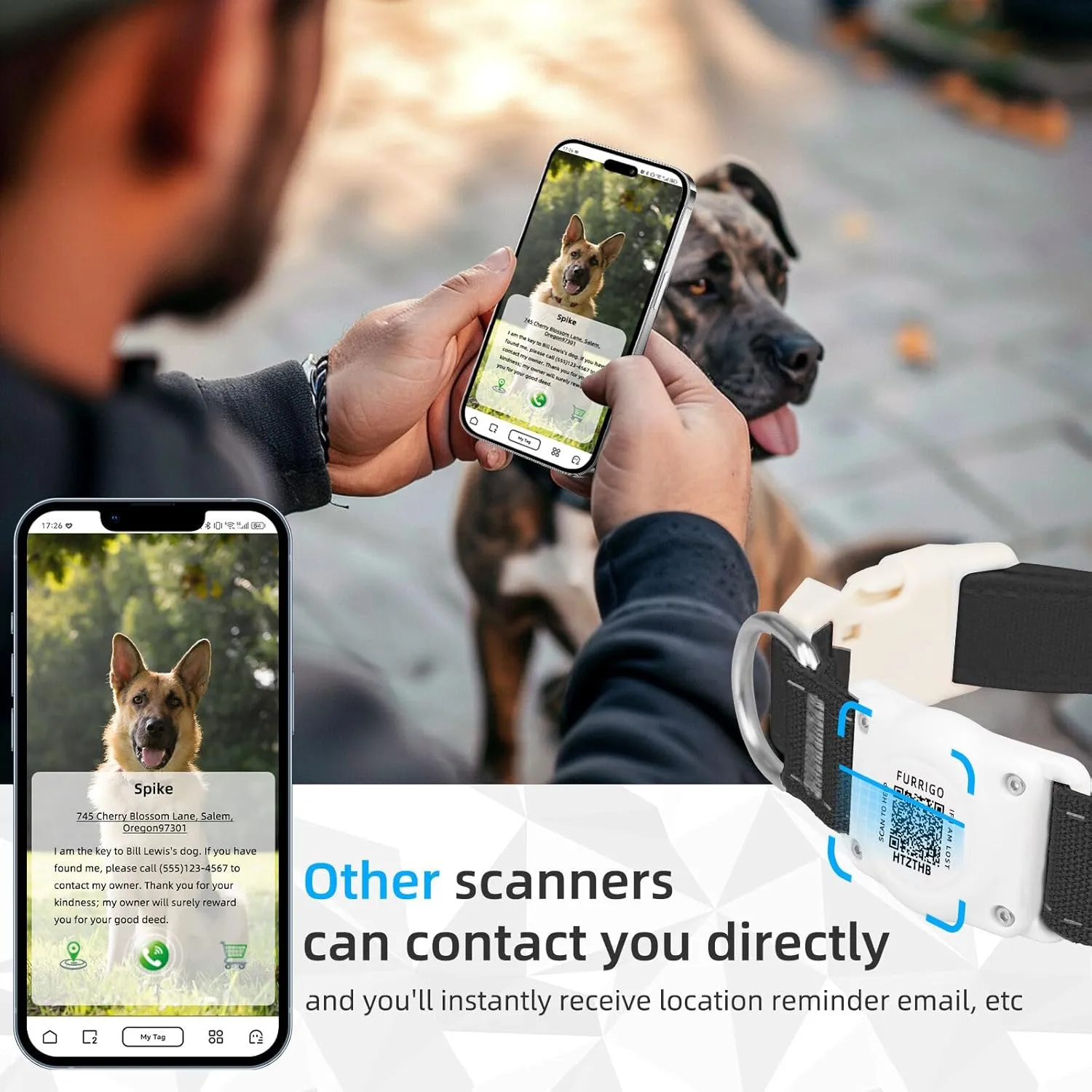 Airtag Dog Collar QR Code - IP68 Waterproof Integrated Air Tag Dog Collar Holder ID Tag - Free Pet Online Profile - Durable Natural Cotton Hemp - Fits for Small Medium Large Dogs (Black, L)