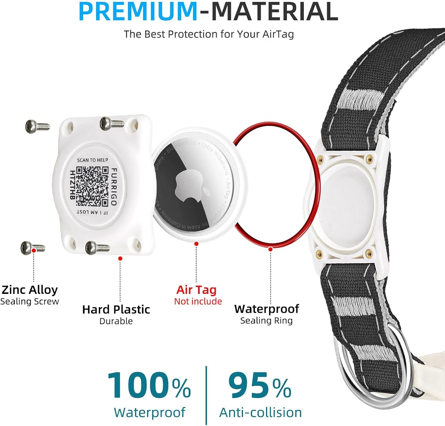 Airtag Dog Collar QR Code - IP68 Waterproof Integrated Air Tag Dog Collar Holder ID Tag - Free Pet Online Profile - Durable Natural Cotton Hemp - Fits for Small Medium Large Dogs (Black, L)