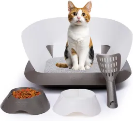 Cat Supplies Set with Foldable Litter Box, Scoop, Food Bowl, Water Bowl for Cats and Kittens (Gray)