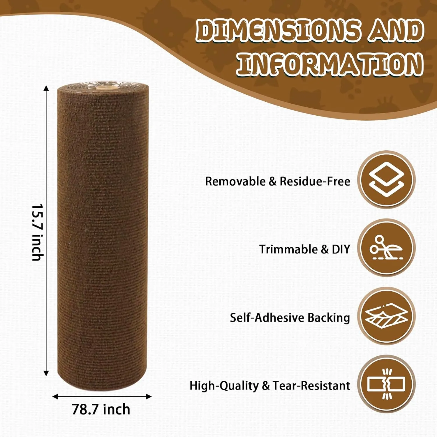 Climbing Cat Scratcher Mat Trimmable Cat Scratching Post Carpet 78.7x15.8 Self Adhesive Carpet Mat Pad Replacement for Cat Tree Shelves Post Couch Wall Furniture Steps DIY Protector (Brown)