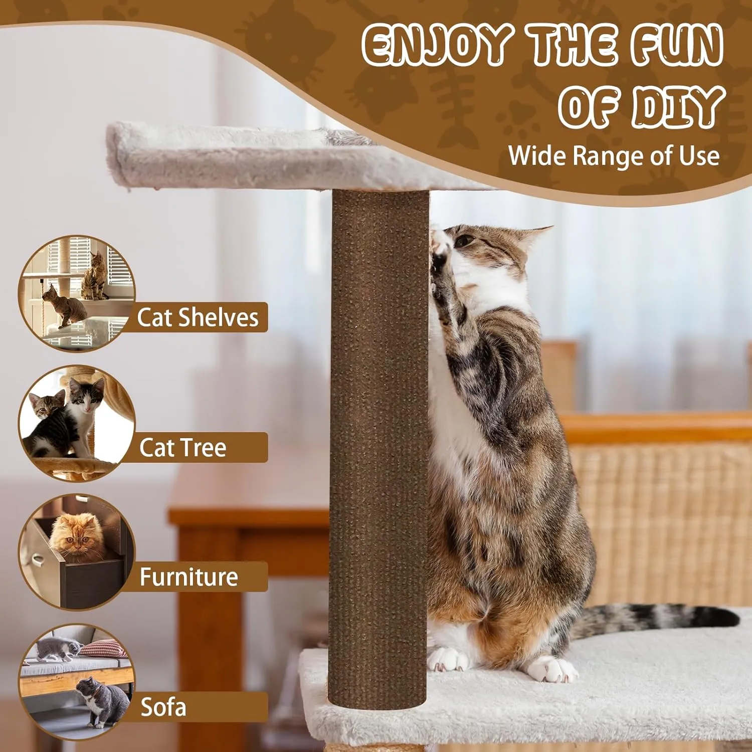Climbing Cat Scratcher Mat Trimmable Cat Scratching Post Carpet 78.7x15.8 Self Adhesive Carpet Mat Pad Replacement for Cat Tree Shelves Post Couch Wall Furniture Steps DIY Protector (Brown)