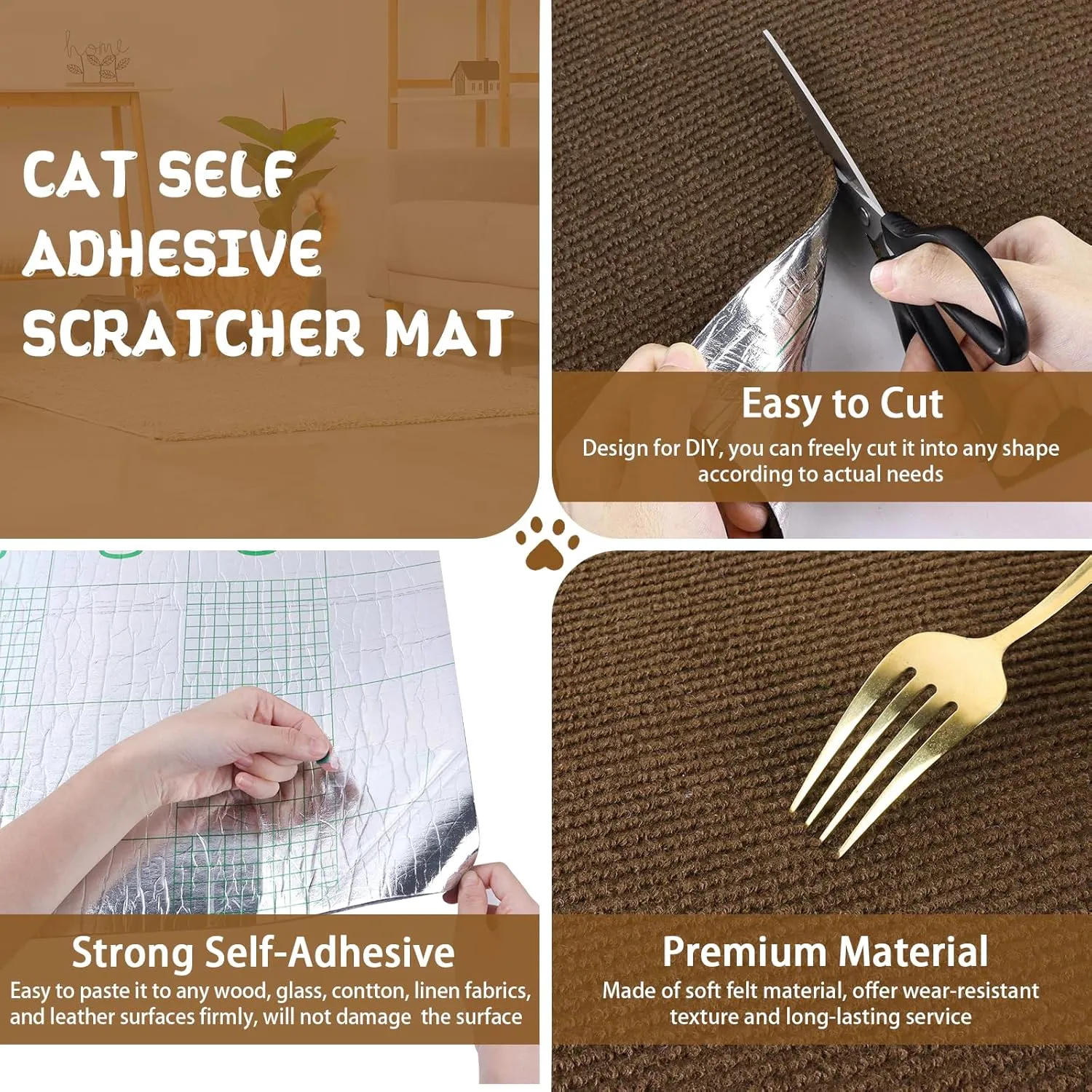 Climbing Cat Scratcher Mat Trimmable Cat Scratching Post Carpet 78.7x15.8 Self Adhesive Carpet Mat Pad Replacement for Cat Tree Shelves Post Couch Wall Furniture Steps DIY Protector (Brown)