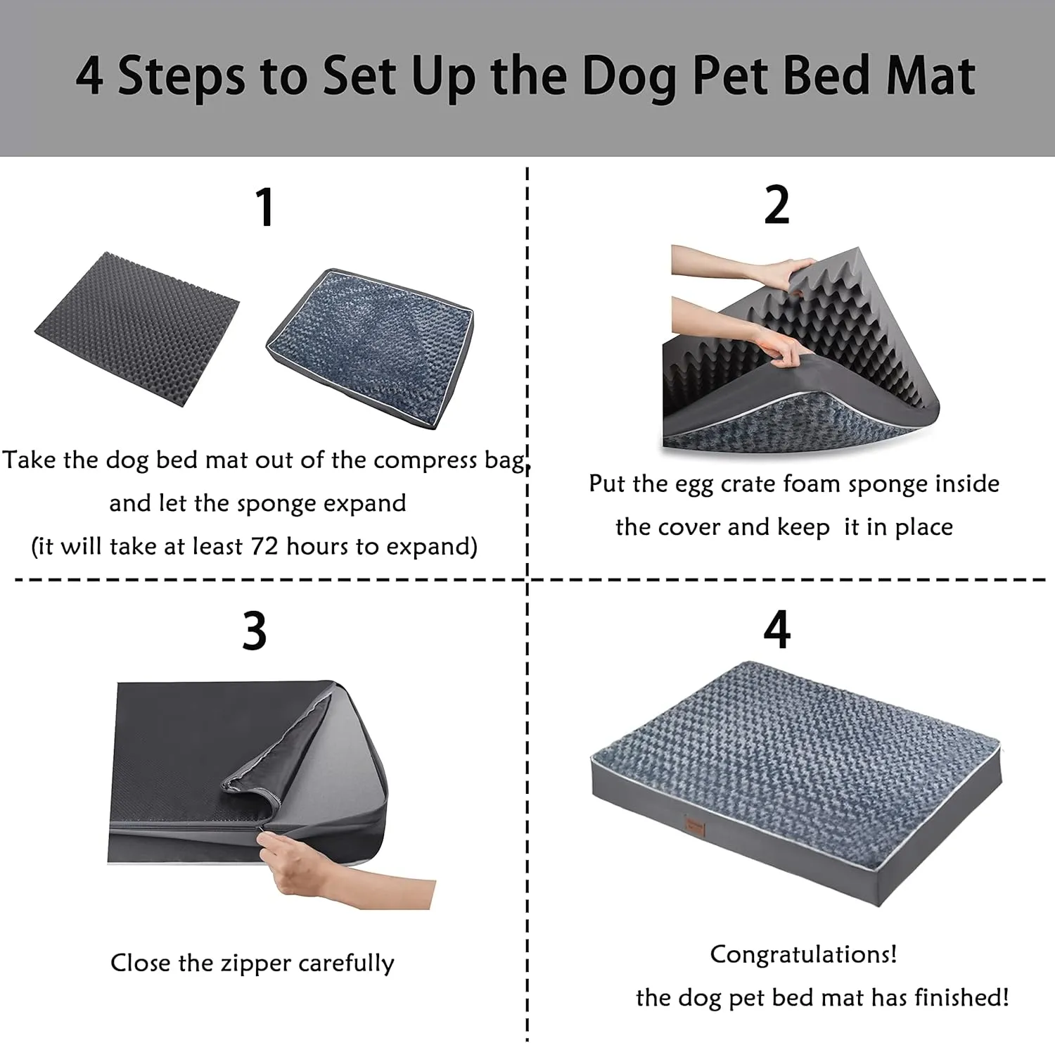 Dog Bed Mats for Large Jumbo Big Dog - Orthopedic Dog Pet Durable Crate Bed Mattress of Thick Egg Foam Crate, Rose Plush Washable Cover, Non-Slip Bottom (XXXL(54''x42''x4''), Grey Side)