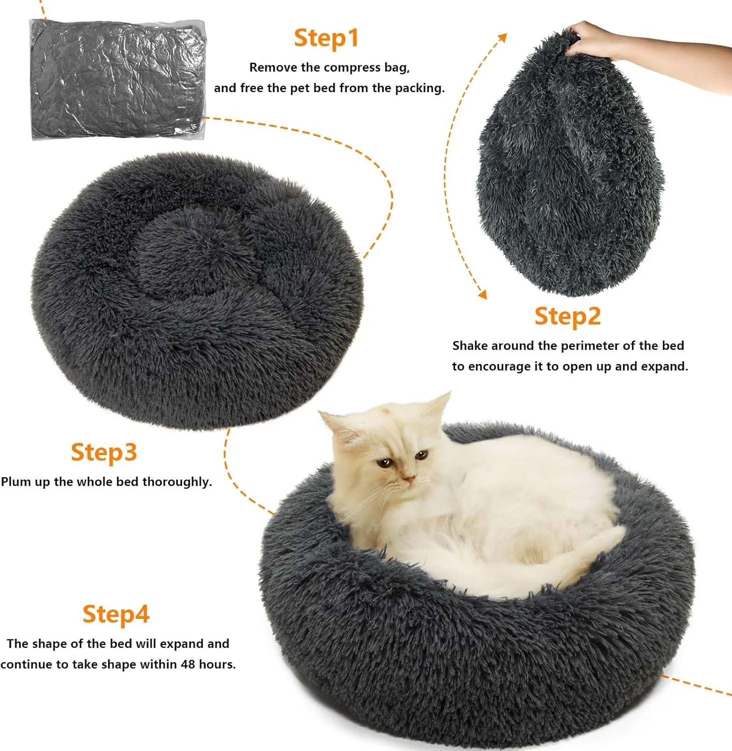Dog Beds for Small Dogs Round Cat Beds for Indoor Cats Pet Bed for Puppy and Kitten with Slip-Resistant Bottom Plush Donut Cat Bed, Dark Grey