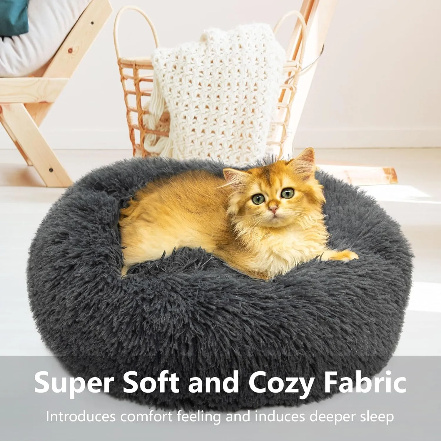 Dog Beds for Small Dogs Round Cat Beds for Indoor Cats Pet Bed for Puppy and Kitten with Slip-Resistant Bottom Plush Donut Cat Bed, Dark Grey