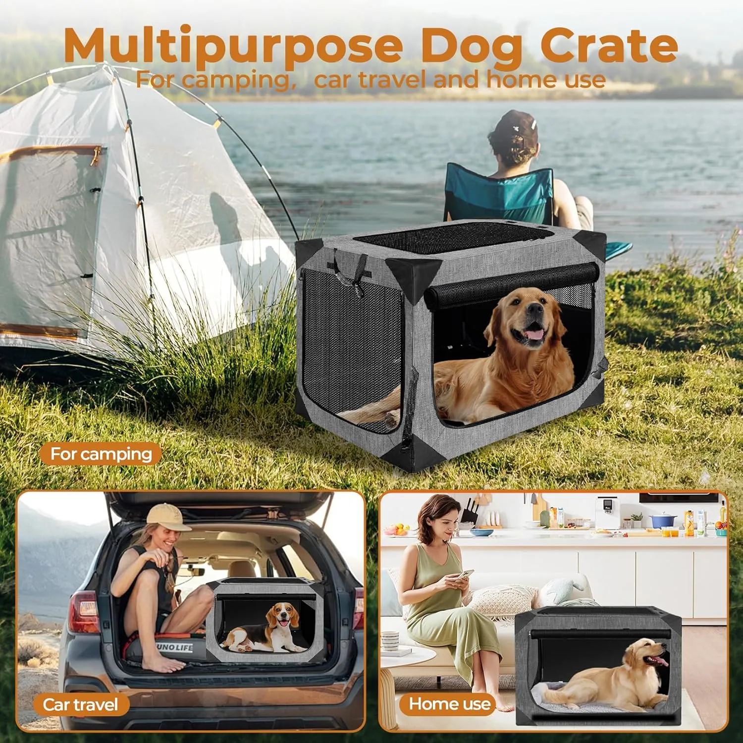 Dog Crate, Collapsible Soft Travel Crate for Large Dogs (3 Year Warranty), Indoor & Outdoor Portable Pet Kennel with Chew-Proof Mesh Window (Dark Gray, 36" L x 25" W x 25" H) 