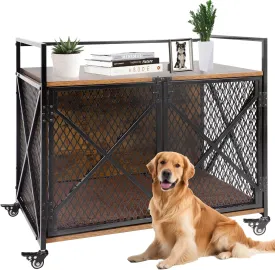 Dog Crate Furniture with Cushion, 41"L Wooden Dog Crate End Table with Double Doors, Chew-Resistant Dog Kennel Indoor, Heavy Duty Dog Crate with Wheels, Rustic Brown (41"L x 23.6 "W x 35.8 "H)