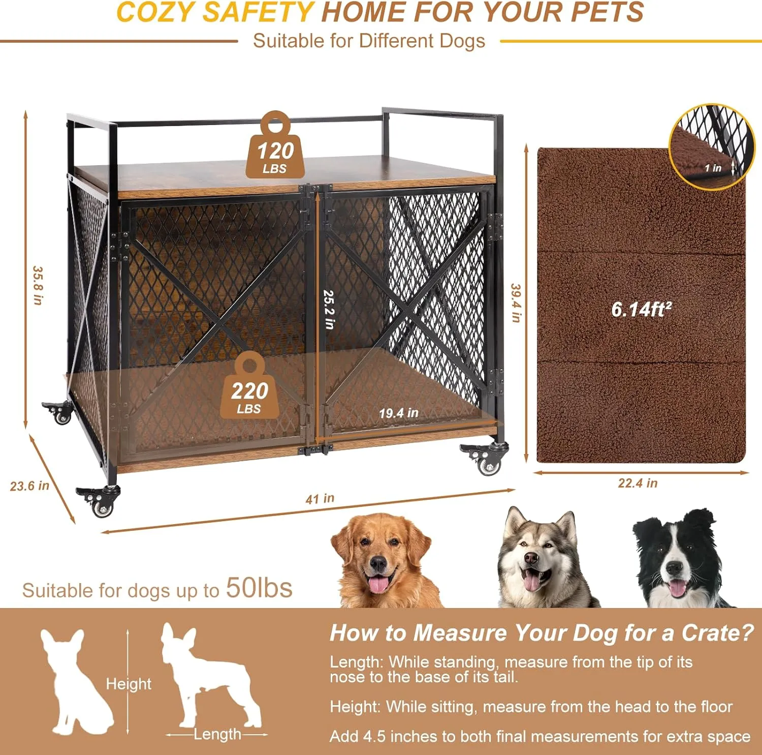 Dog Crate Furniture with Cushion, 41"L Wooden Dog Crate End Table with Double Doors, Chew-Resistant Dog Kennel Indoor, Heavy Duty Dog Crate with Wheels, Rustic Brown (41"L x 23.6 "W x 35.8 "H)