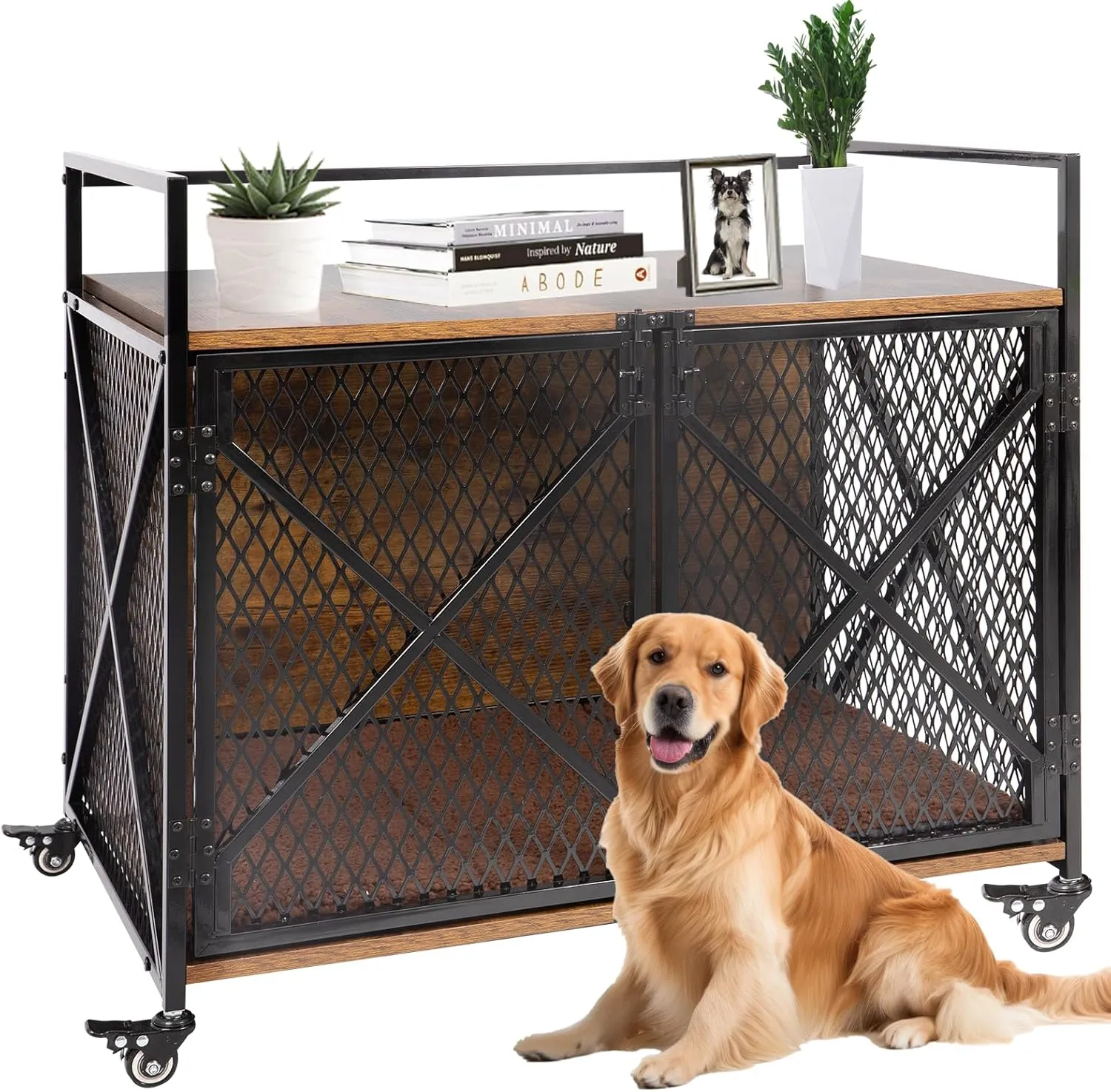 Dog Crate Furniture with Cushion, 41"L Wooden Dog Crate End Table with Double Doors, Chew-Resistant Dog Kennel Indoor, Heavy Duty Dog Crate with Wheels, Rustic Brown (41"L x 23.6 "W x 35.8 "H)