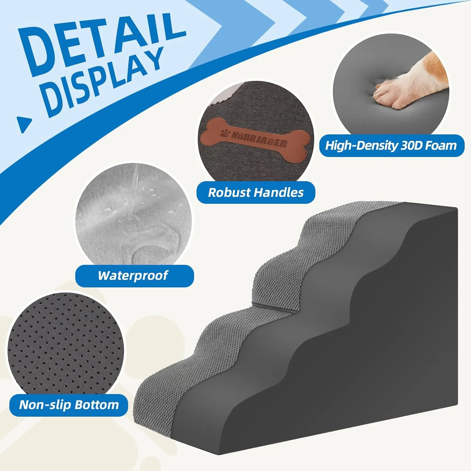 Dog Stairs 3-Step for Small Dogs and Cats to Get on Bed and Furniture/Windows, Pets Can Climb, Sit, or Perch to Look Out Windows, Extra Wide Dog Steps, Non-Slip Waterproof Fabric Cover, Grey15.7" H