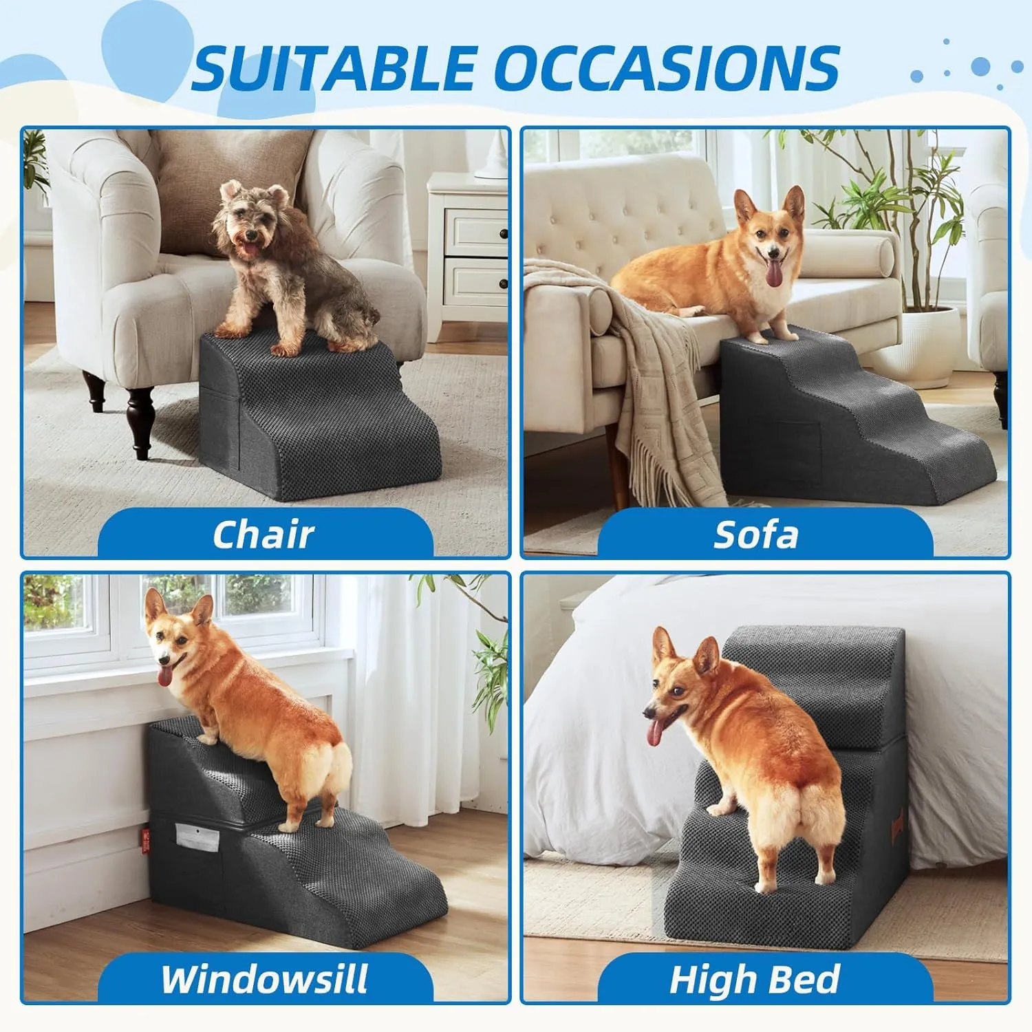 Dog Stairs 3-Step for Small Dogs and Cats to Get on Bed and Furniture/Windows, Pets Can Climb, Sit, or Perch to Look Out Windows, Extra Wide Dog Steps, Non-Slip Waterproof Fabric Cover, Grey15.7" H