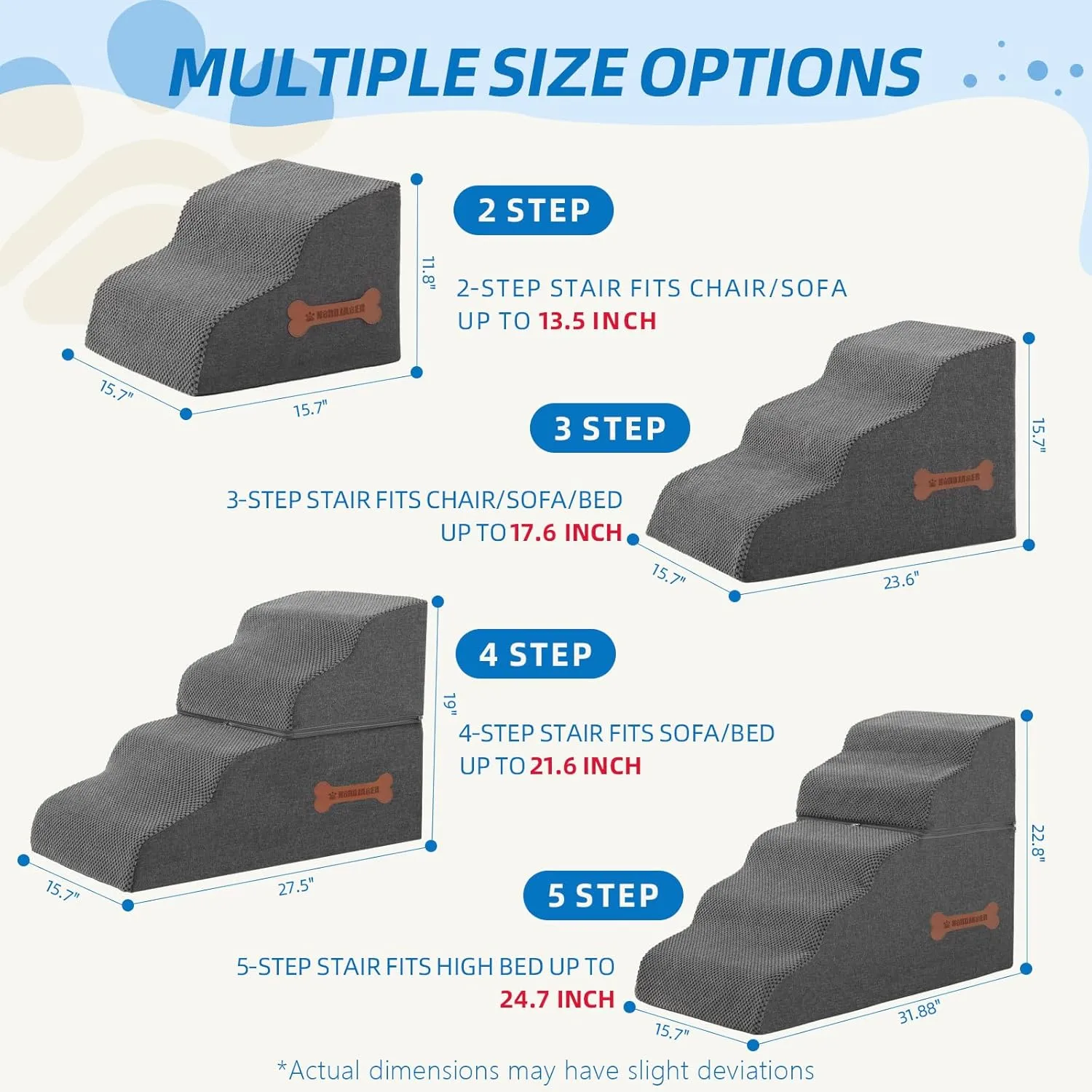 Dog Stairs 3-Step for Small Dogs and Cats to Get on Bed and Furniture/Windows, Pets Can Climb, Sit, or Perch to Look Out Windows, Extra Wide Dog Steps, Non-Slip Waterproof Fabric Cover, Grey15.7" H