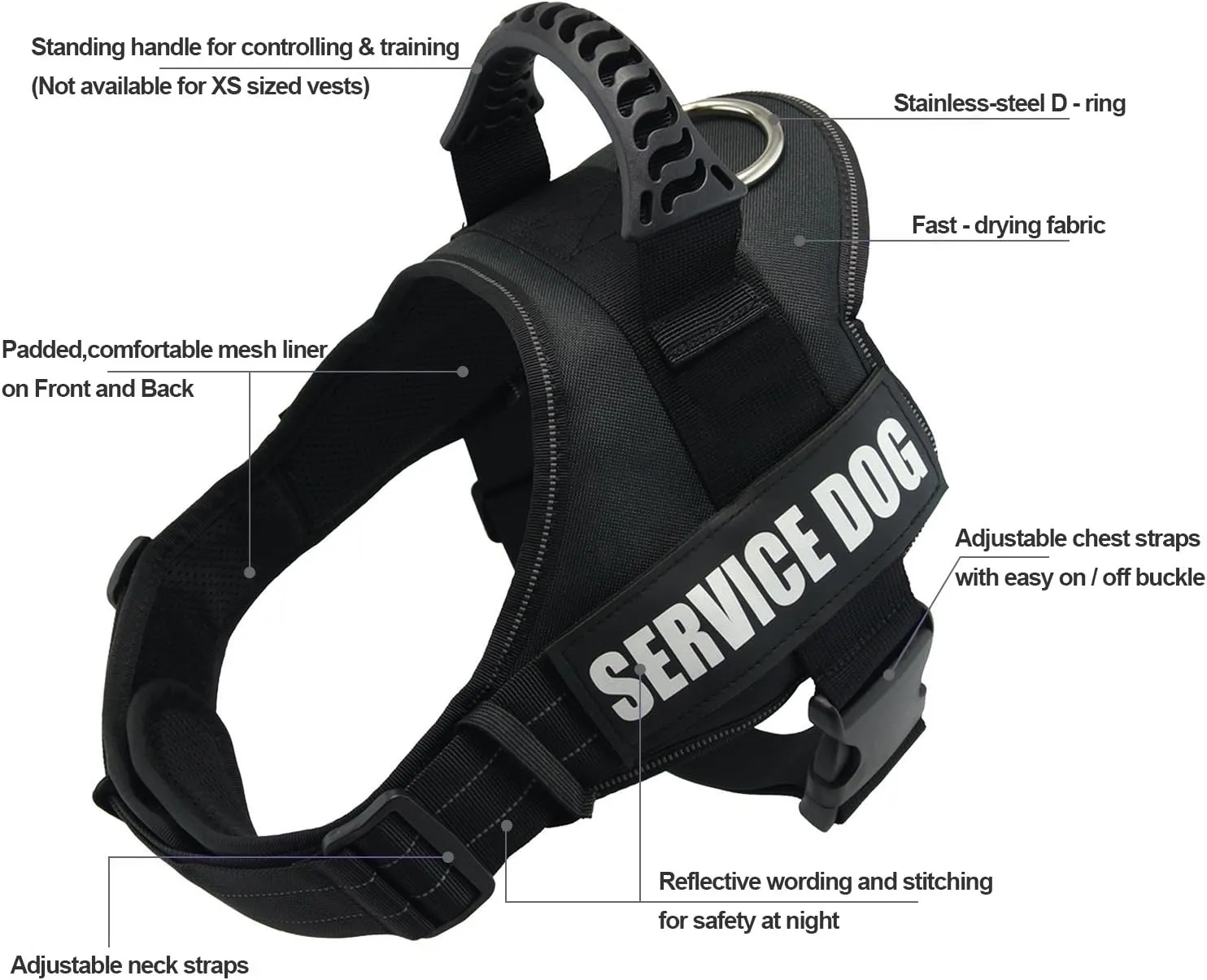 Fairwin Service Dog Vest-No-Pull Dog Harness with Handle Adjustable Reflective Patches in Training Vest Harness for Small Medium Large Breed Outdoor Walking