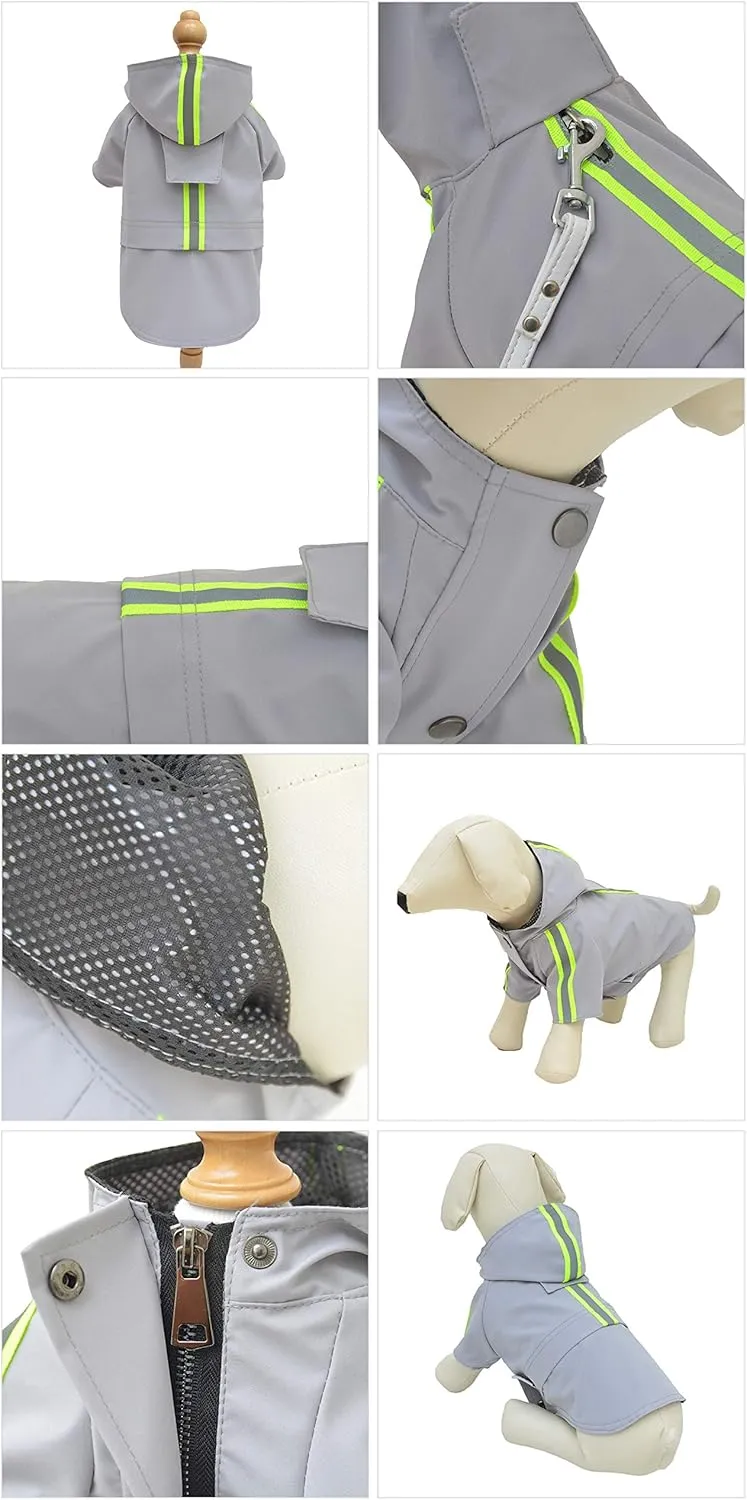 Fashion Hooded Pet Dog Raincoat, Lightweight Dog Rain Jacket Zipper Closure Rain Poncho with Reflective Strip for Pug French Bulldog Gray B-S