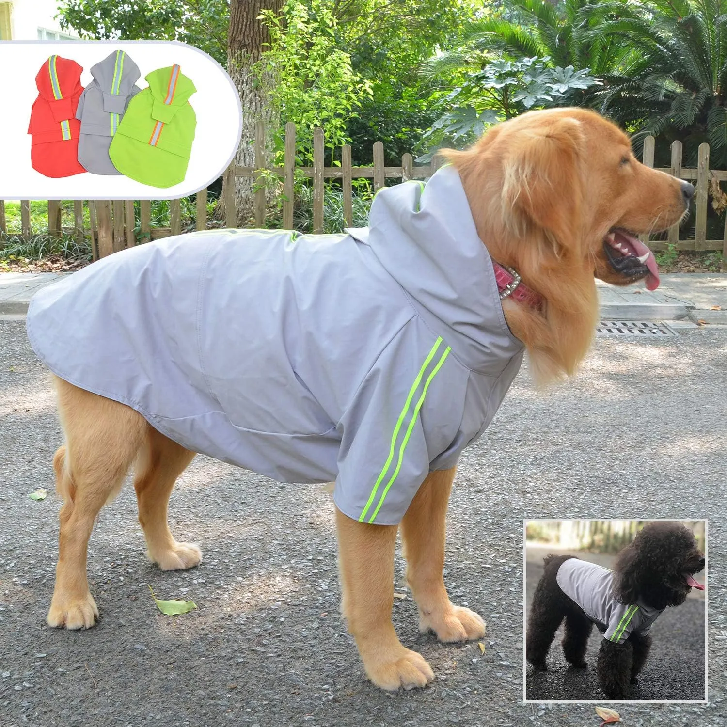 Fashion Hooded Pet Dog Raincoat, Lightweight Dog Rain Jacket Zipper Closure Rain Poncho with Reflective Strip for Pug French Bulldog Gray B-S