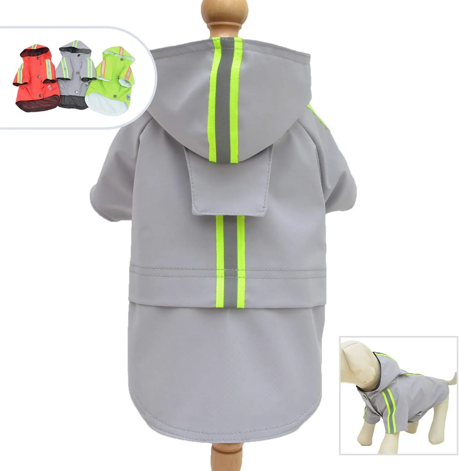 Fashion Hooded Pet Dog Raincoat, Lightweight Dog Rain Jacket Zipper Closure Rain Poncho with Reflective Strip for Pug French Bulldog Gray B-S