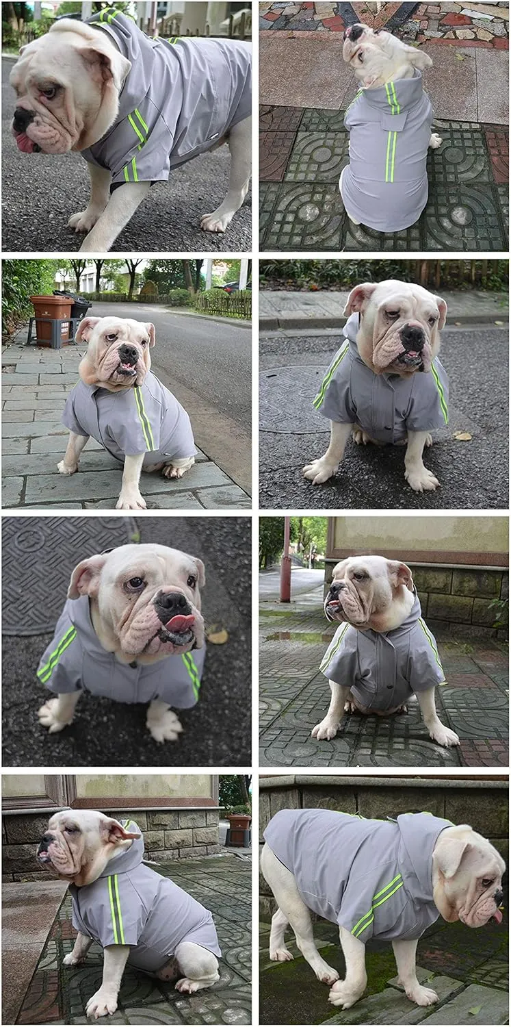 Fashion Hooded Pet Dog Raincoat, Lightweight Dog Rain Jacket Zipper Closure Rain Poncho with Reflective Strip for Pug French Bulldog Gray B-S