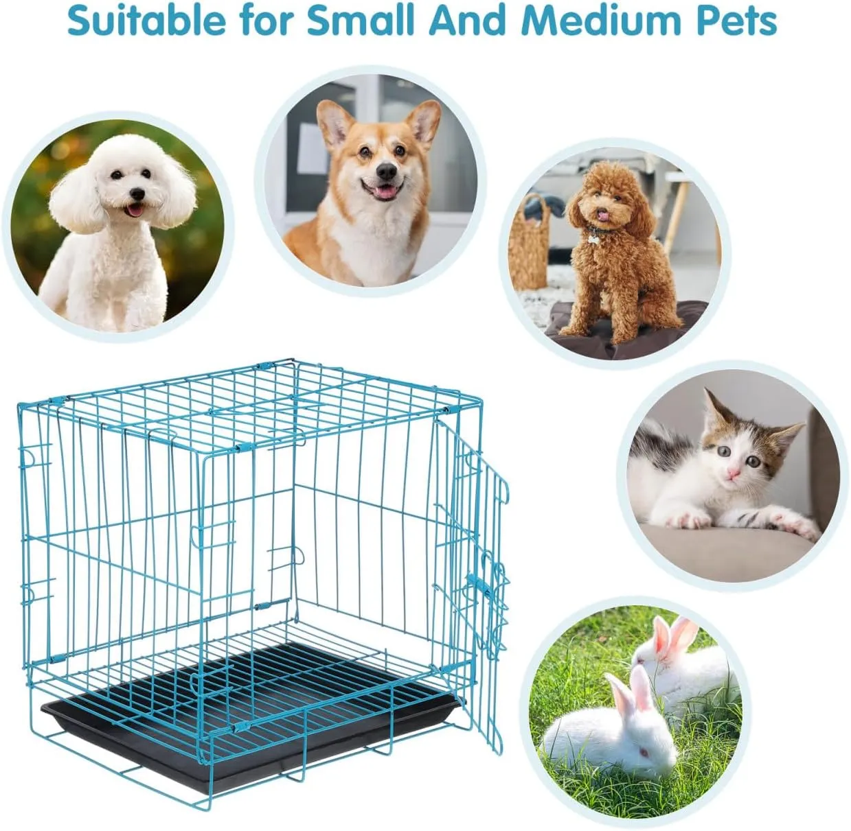Folding Metal Dog Crate with Toilet for Small and Medium Dog Cat Rabbit Indoor Ourdoor (Blue)