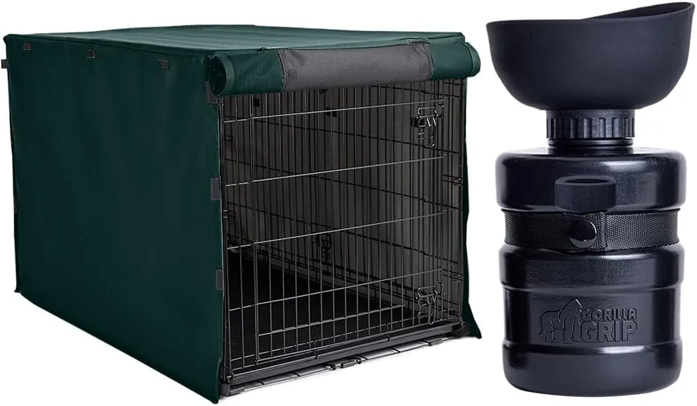 Gorilla Grip Dog Crate Cover, Hunter Green 36 Inch and Dog Water Bottle, 12 oz Black, 2 Item Bundle