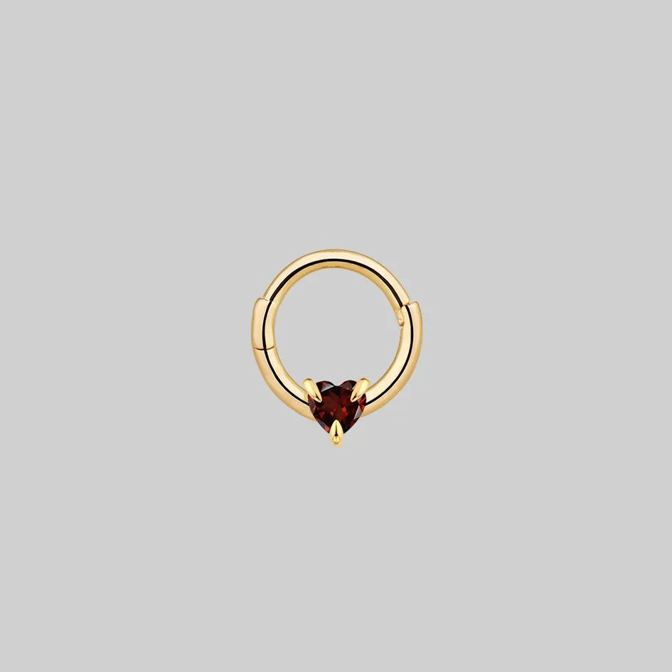 HEART & SOUL. Garnet Heart Septum Clicker Ring - Gold