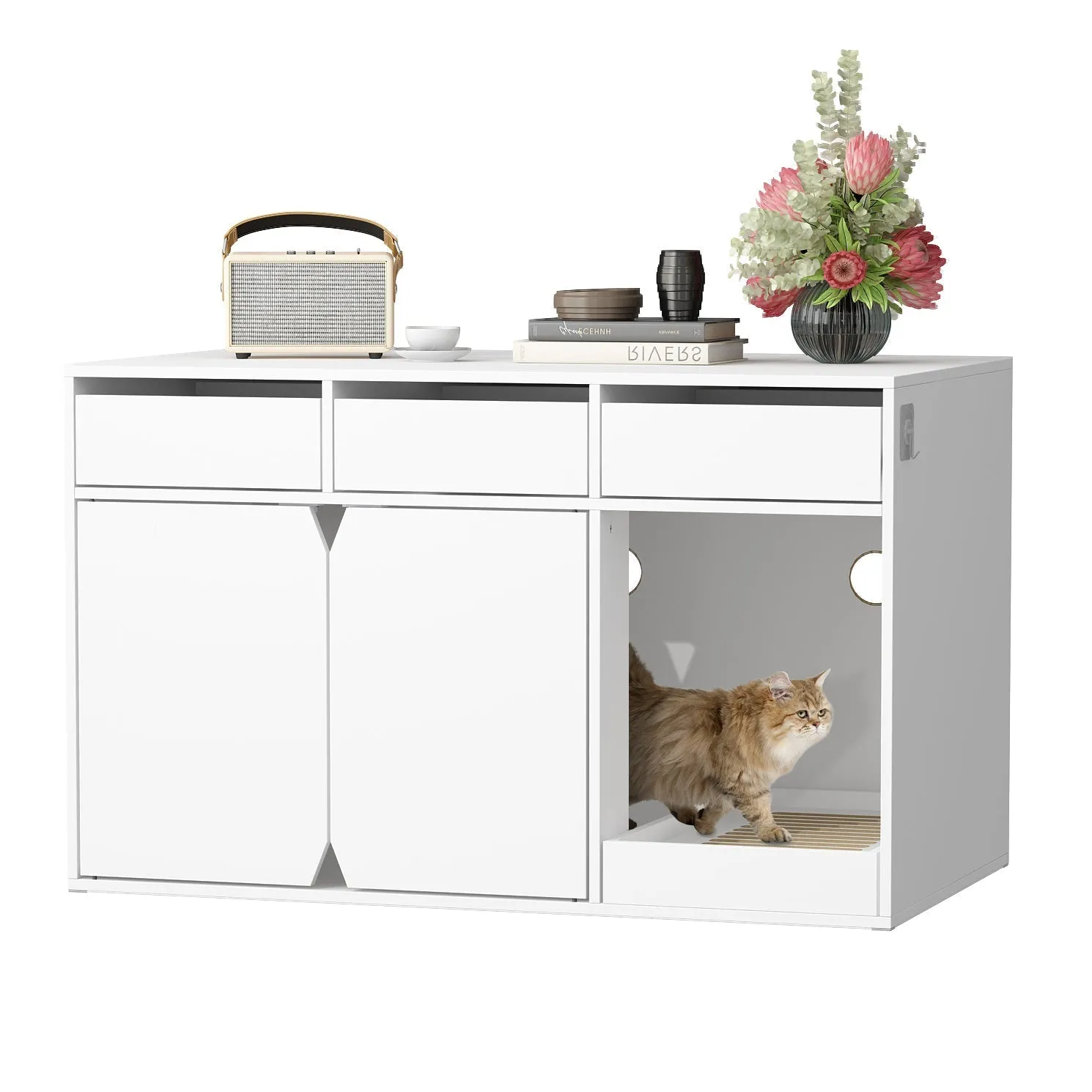 Large Cat Litter Box Enclosure with Drawers 43.3 Inch -180126