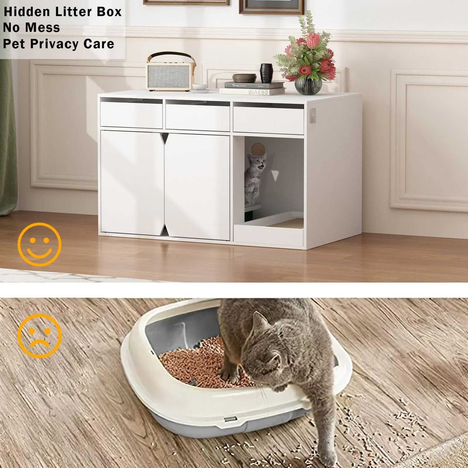 Large Cat Litter Box Enclosure with Drawers 43.3 Inch -180126