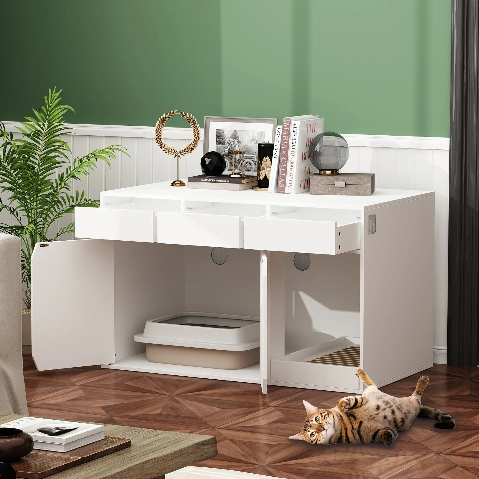 Large Cat Litter Box Enclosure with Drawers 43.3 Inch -180126