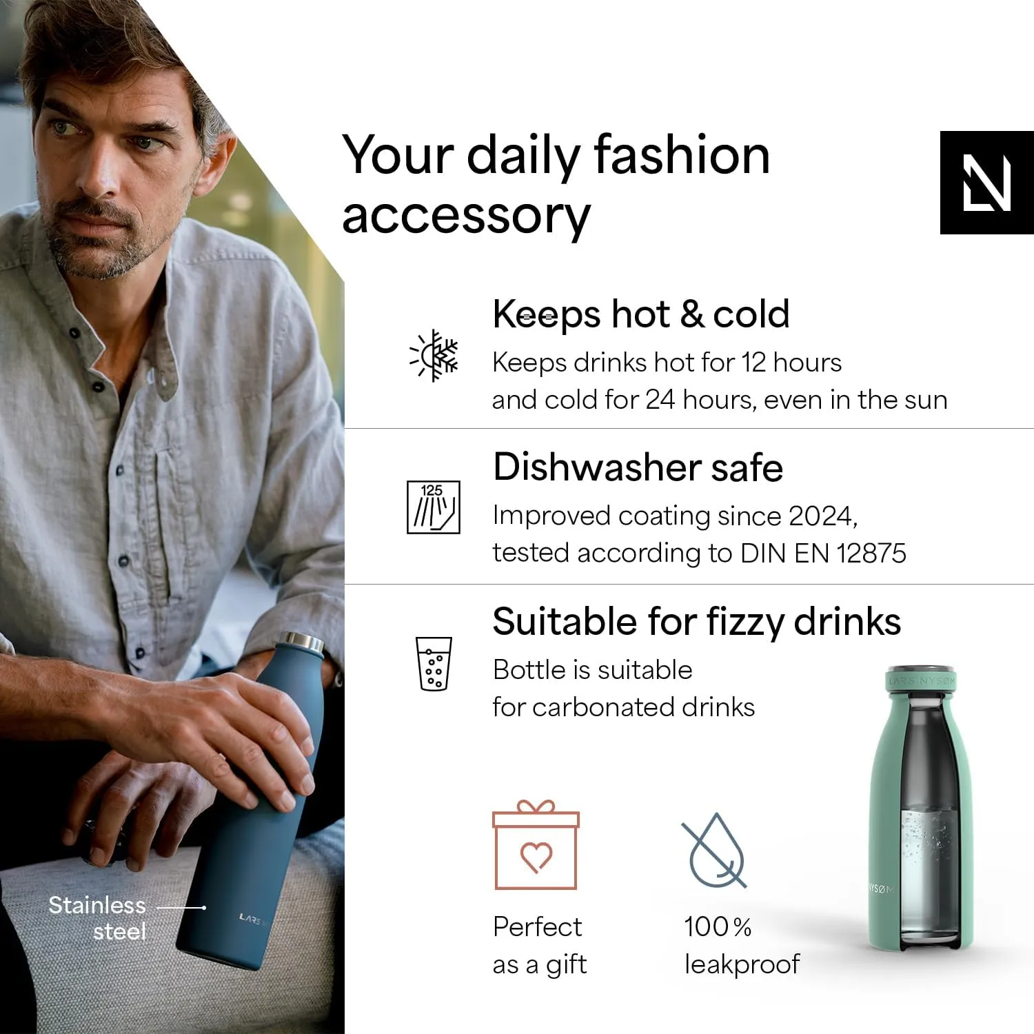 LARS NYSM Stainless Steel Insulated Water Bottle 12oz 17oz 25oz 34oz 51oz | Insulated Thermo Flask for Hot and Cold Beverages | Leakproof Drinking Bottle (Aqua Turquoise, 11.9oz)