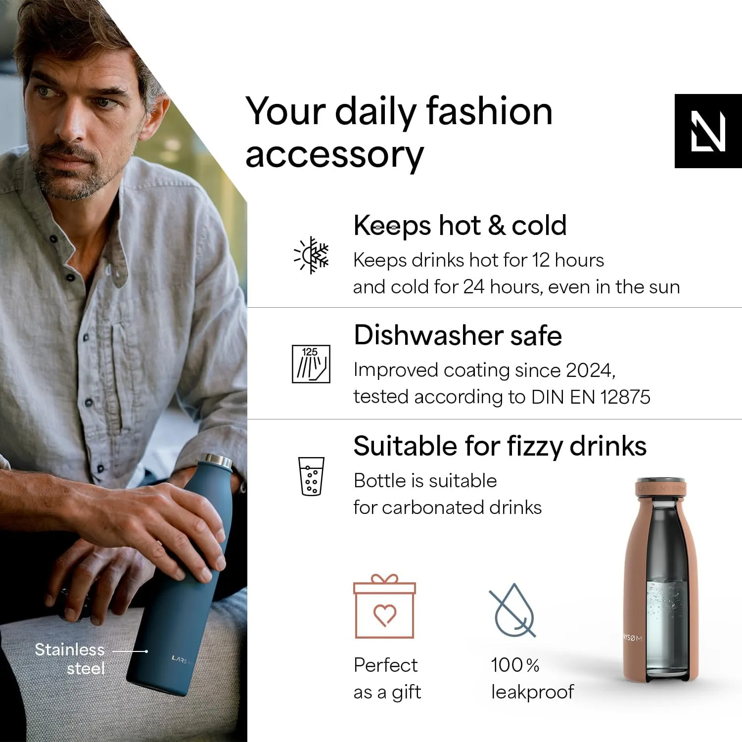 LARS NYSM Stainless Steel Insulated Water Bottle 12oz 17oz 25oz 34oz 51oz | Insulated Thermo Flask for Hot and Cold Beverages | Leakproof Drinking Bottle (Blush Rose, 11.9oz)