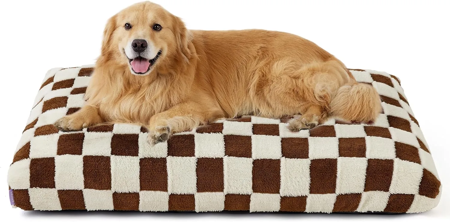 Lesure Extra Large Dog Bed-Thick Shredded Chopped Foam Pet Bed Indoor with Removable Cover, Cute Modern Fuzzy Plush & Anti Slip Bottom, Brown