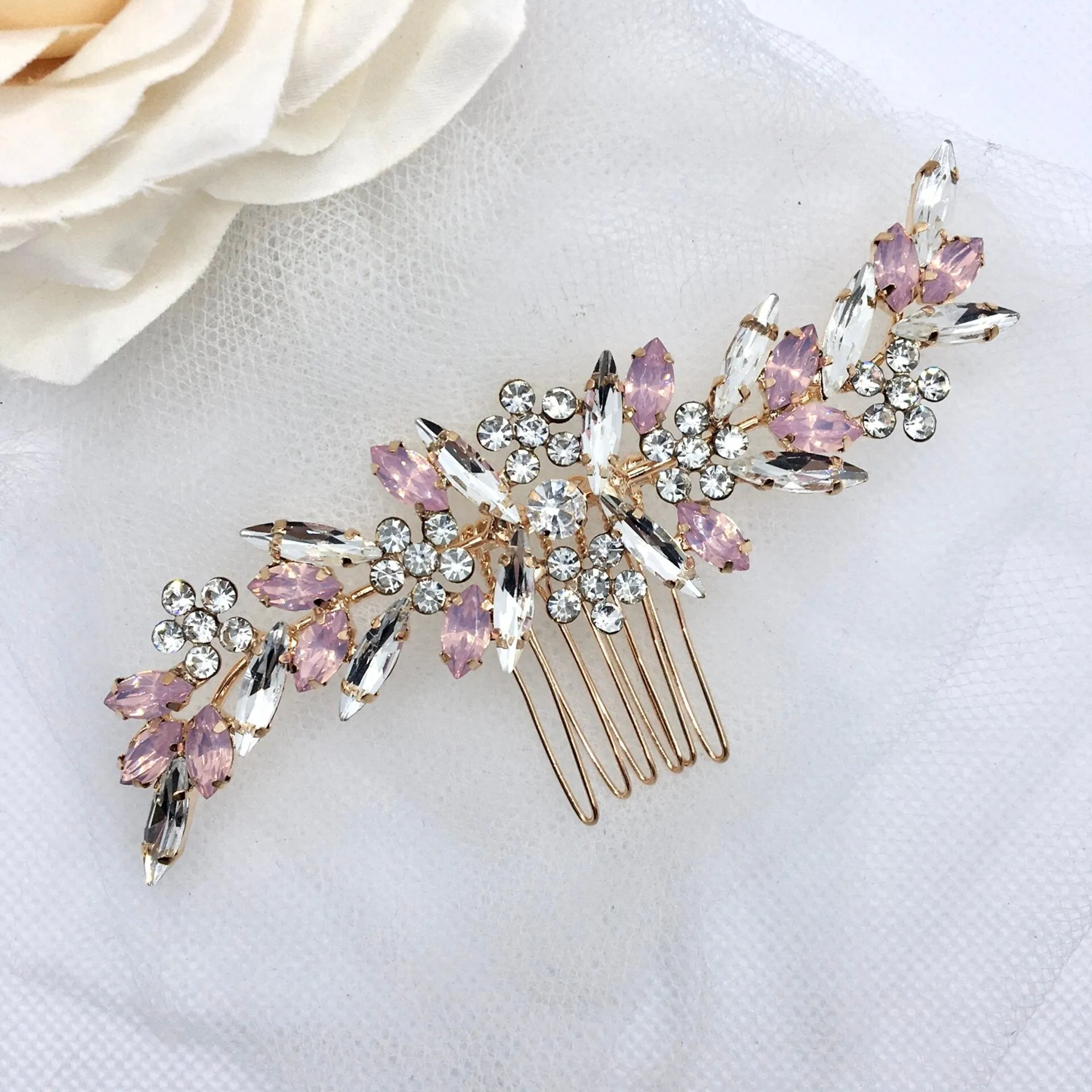 Morgana - Pink Opal Bridal Hair Comb in Rose Gold