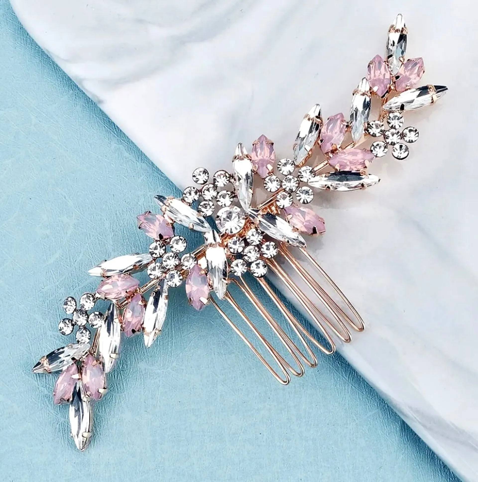 Morgana - Pink Opal Bridal Hair Comb in Rose Gold