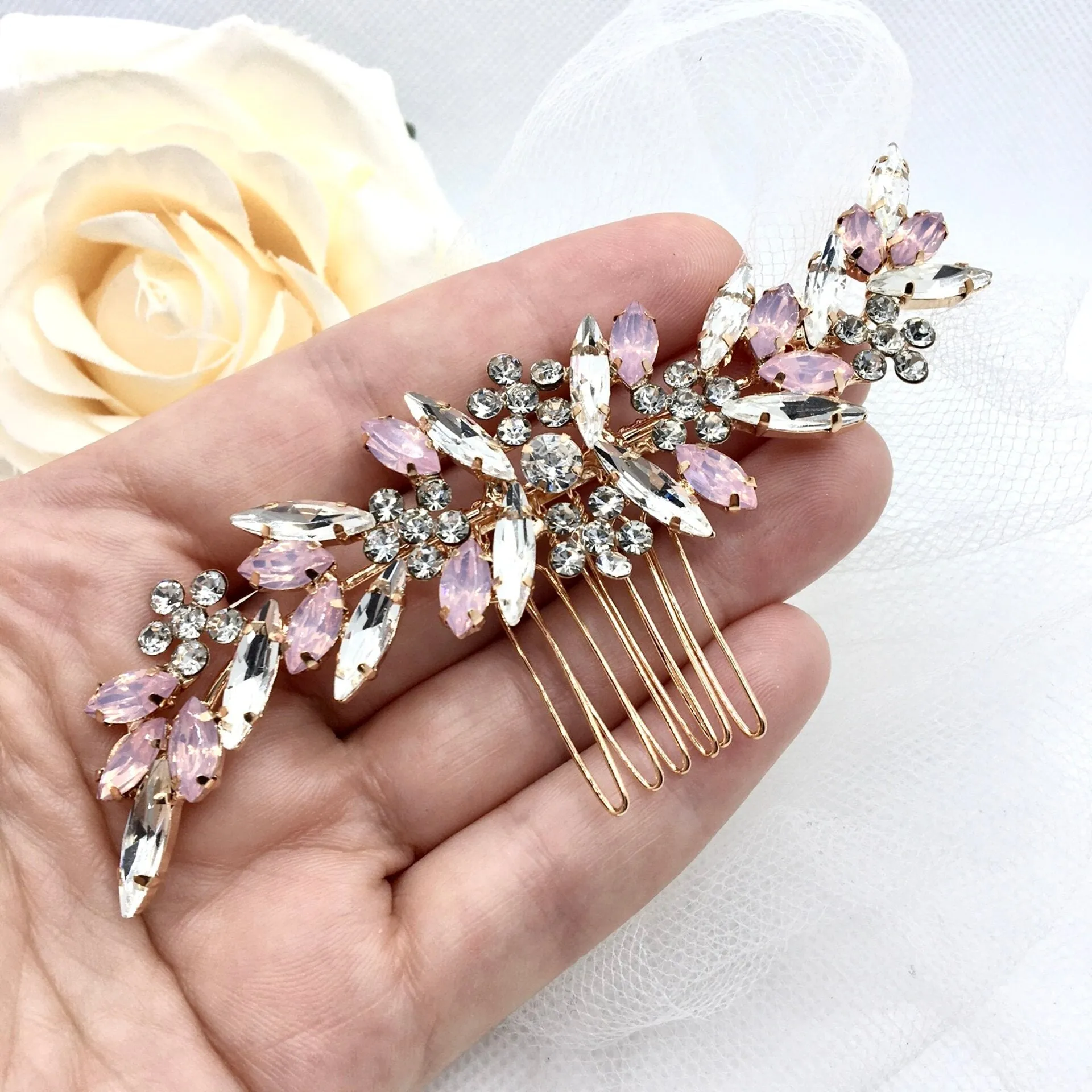 Morgana - Pink Opal Bridal Hair Comb in Rose Gold