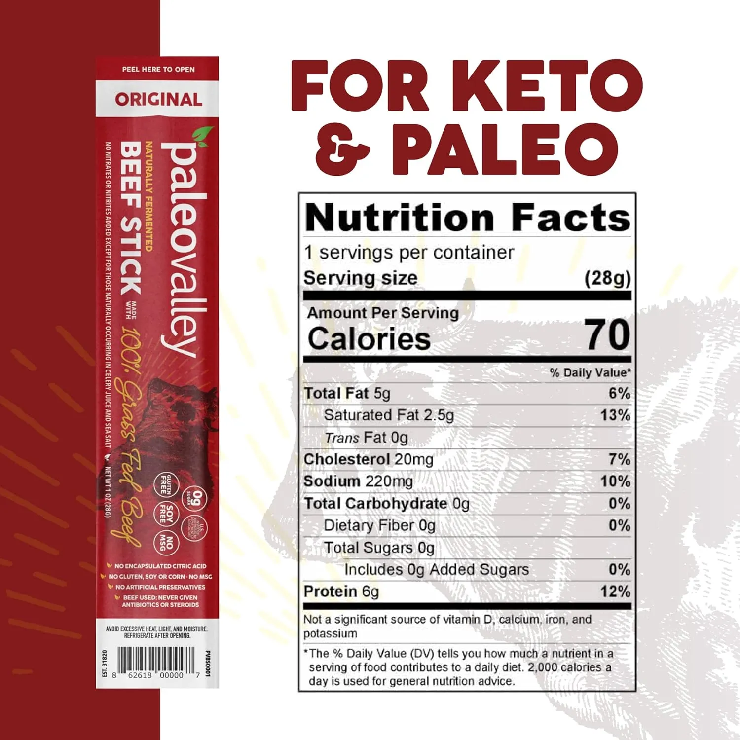 Paleovalley 100% Grass Fed Original Beef Sticks - Delicious Gluten Free Beef Snack - High Protein Keto Friendly
