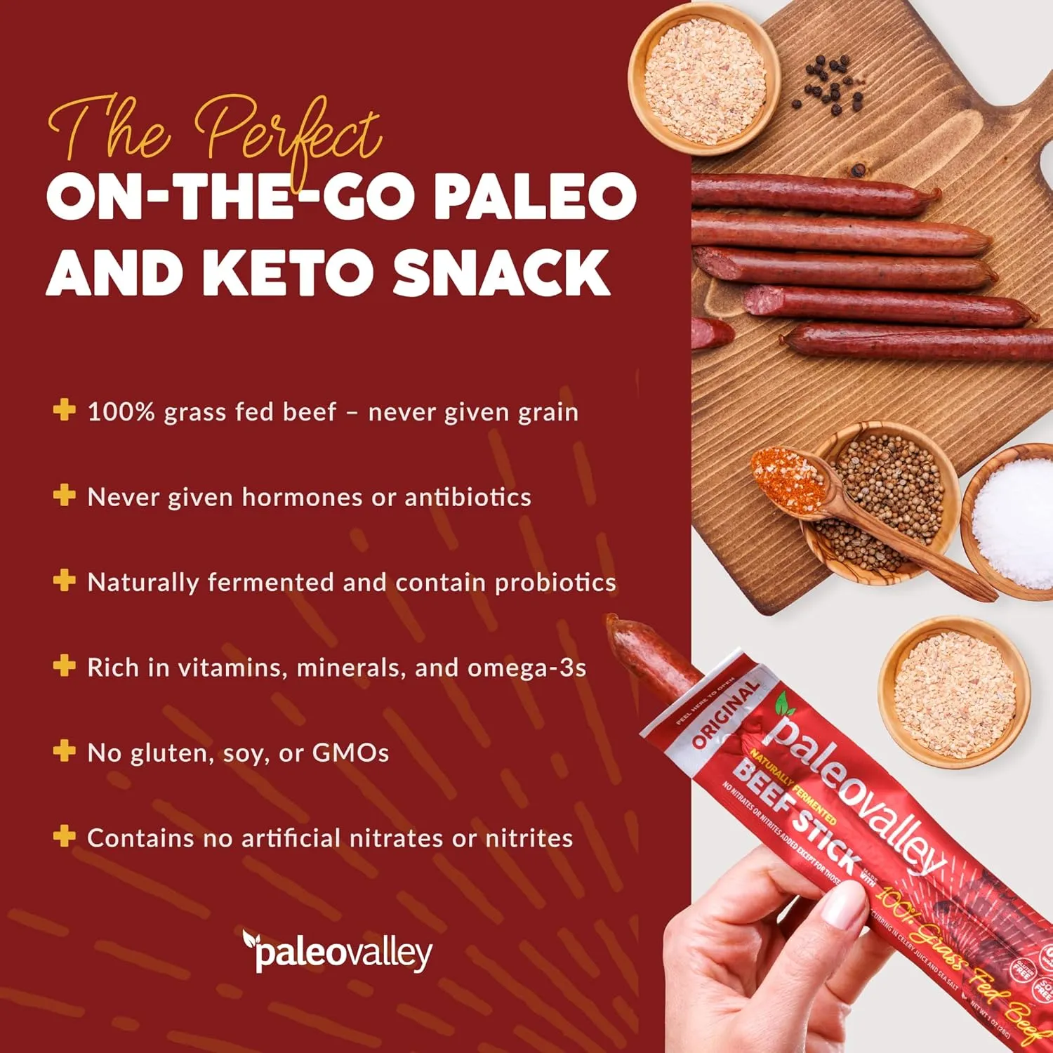 Paleovalley 100% Grass Fed Original Beef Sticks - Delicious Gluten Free Beef Snack - High Protein Keto Friendly