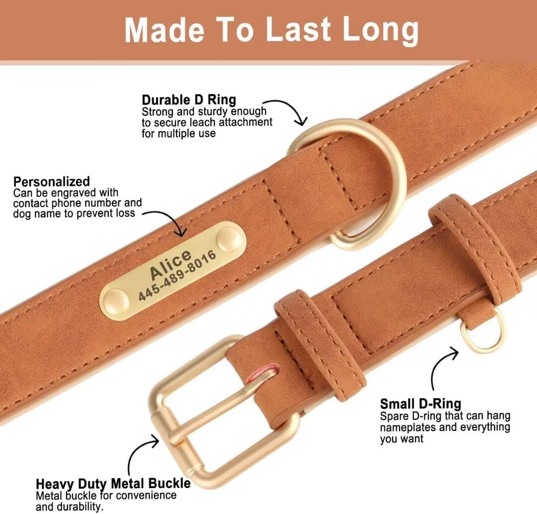 Personalized Dog Collars with Name Plate, Soft Padded Custom PU Leather Dog Collar, Durable Brown Dog Collar with ID Tag Available, Adjustable Boy Dog Collars for Large Dogs, XL
