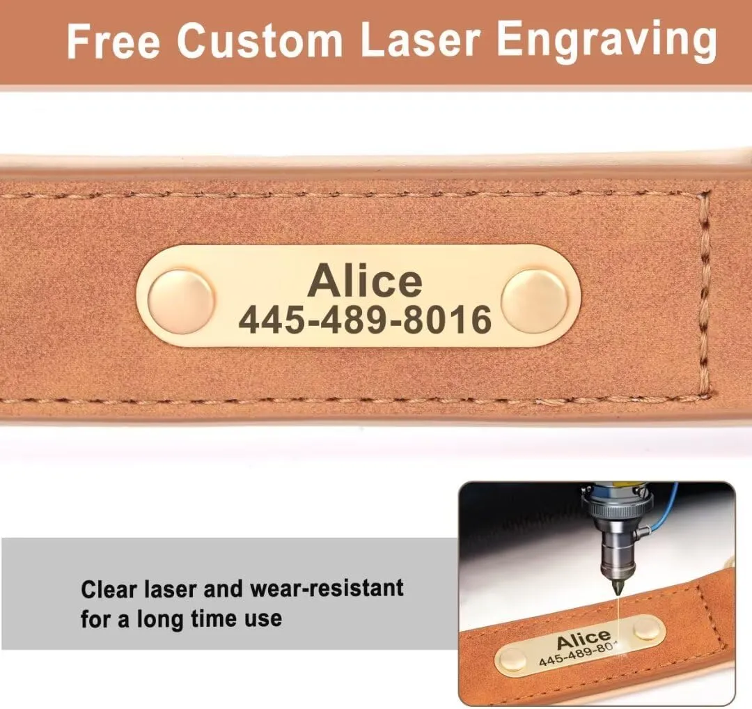Personalized Dog Collars with Name Plate, Soft Padded Custom PU Leather Dog Collar, Durable Brown Dog Collar with ID Tag Available, Adjustable Boy Dog Collars for Large Dogs, XL