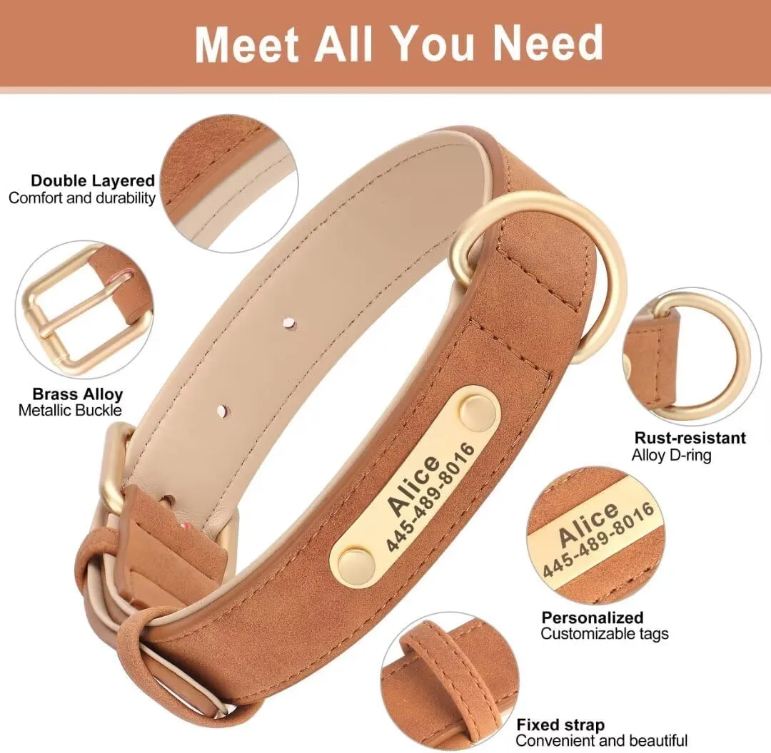 Personalized Dog Collars with Name Plate, Soft Padded Custom PU Leather Dog Collar, Durable Brown Dog Collar with ID Tag Available, Adjustable Boy Dog Collars for Large Dogs, XL