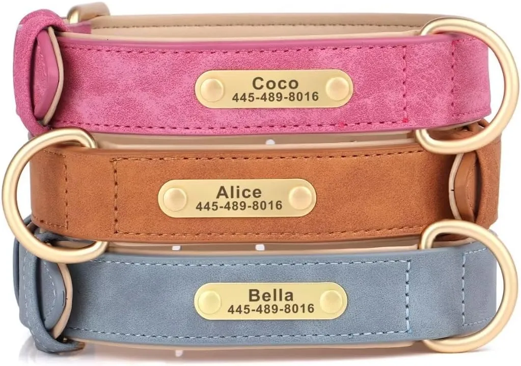 Personalized Dog Collars with Name Plate, Soft Padded Custom PU Leather Dog Collar, Durable Brown Dog Collar with ID Tag Available, Adjustable Boy Dog Collars for Large Dogs, XL