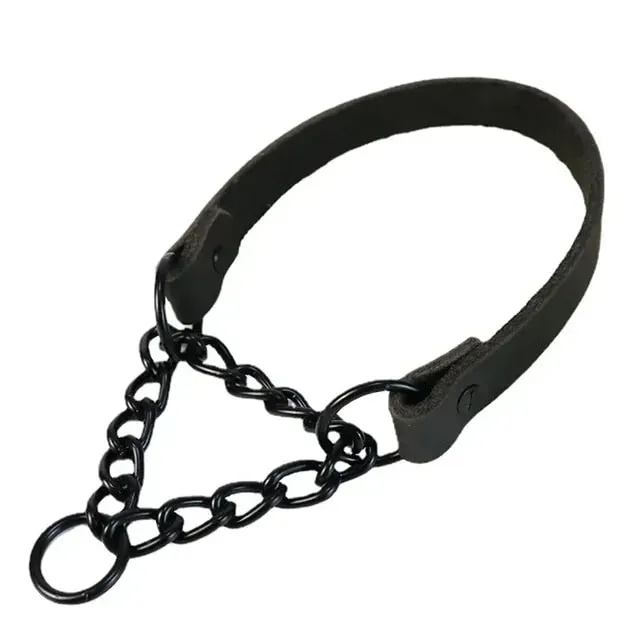 PetAffairs Real Leather Martingale Dog Collar with Stainless Steel Chain