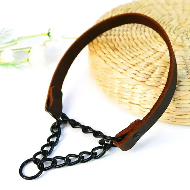PetAffairs Real Leather Martingale Dog Collar with Stainless Steel Chain
