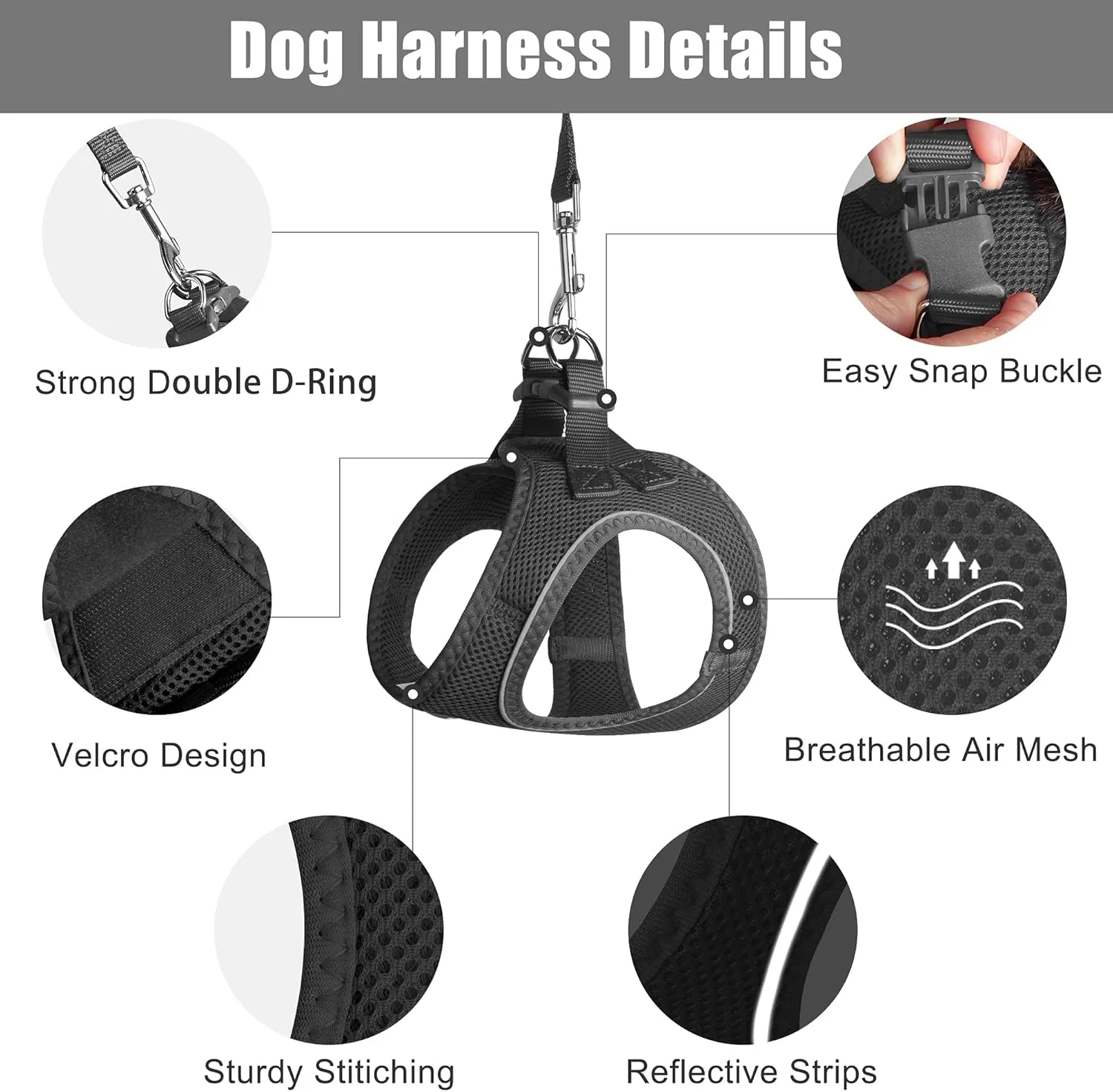 PetiFine Step in Small Dog Harness and Leash Set, Breathable All Weather Air Mesh Reflective Escape Proof, Step-in Vest Harnesses for Puppy(XS, Black)