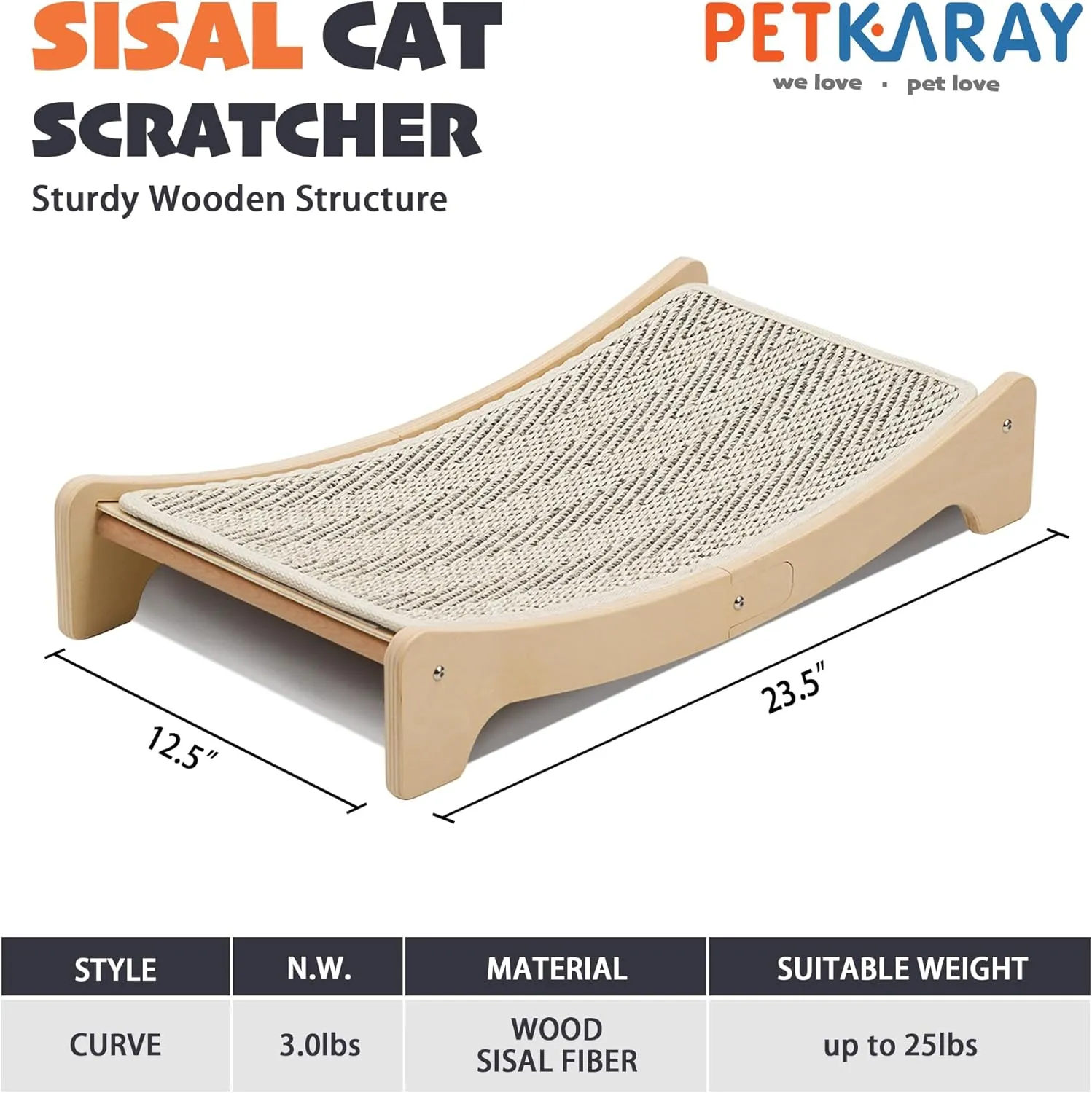 PETKARAY Sisal Cat Scratching Board, Curved Sisal Cat Scratcher, Large Indoor Kitty Scratch Pad, Heavy Duty Arc Lounge Bed for Kitten