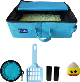 PetLike Travel Cat Litter Box, Leak-Proof Portable Litter Box, Collapsible Toilet Tray Carrier for Small Medium Cats (Medium, Aqua Set)