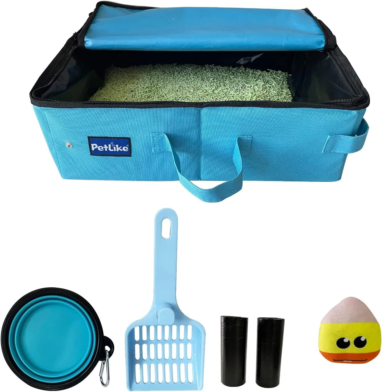PetLike Travel Cat Litter Box, Leak-Proof Portable Litter Box, Collapsible Toilet Tray Carrier for Small Medium Cats (Medium, Aqua Set)
