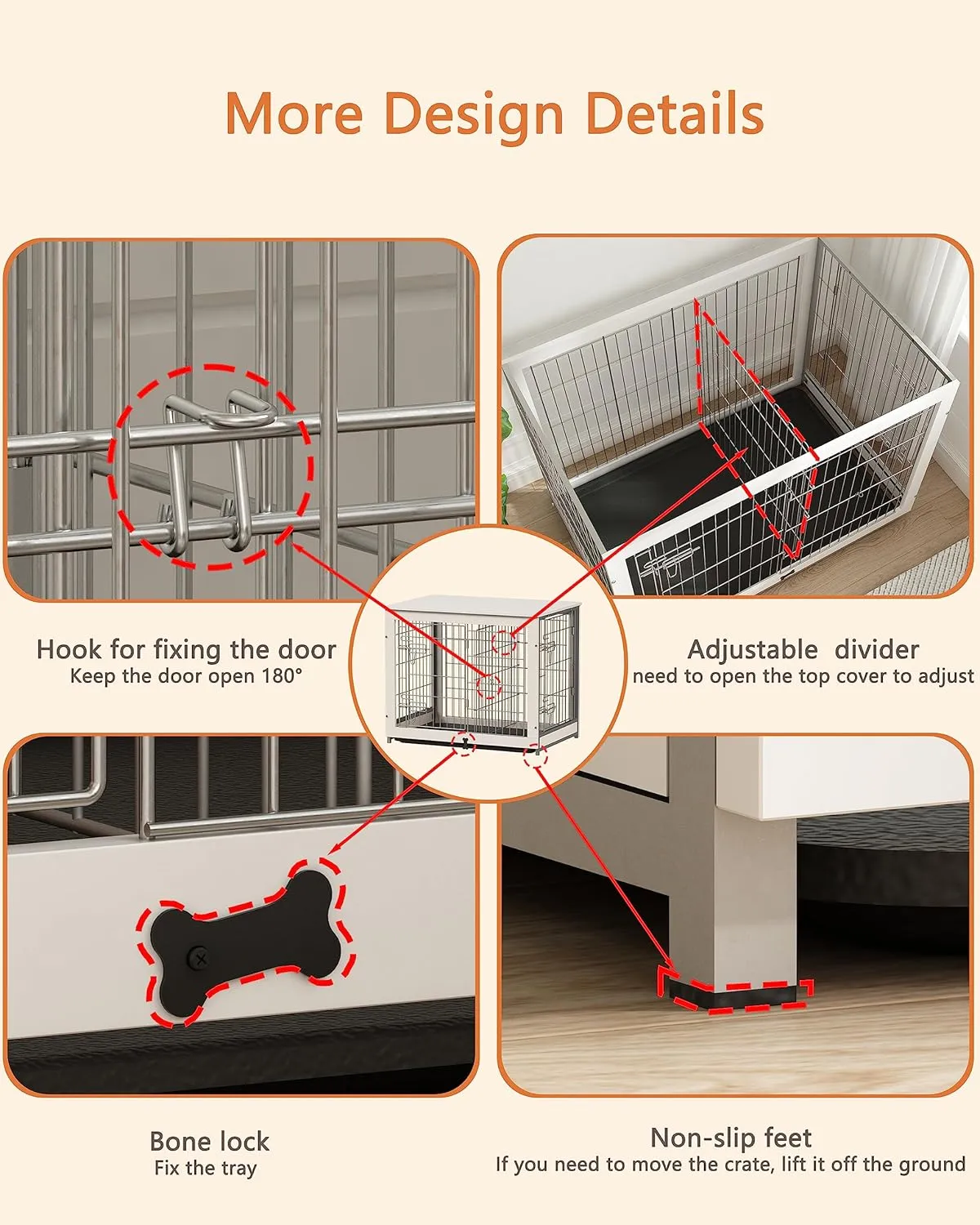 Piskyet Wooden Dog Crate Furniture with Divider Panel, Dog Crate End Table with Fixable Slide Tray, Double Doors Dog Kennel Indoor for Dogs(L:37.8" L*25.1" W*26.3" H,White)
